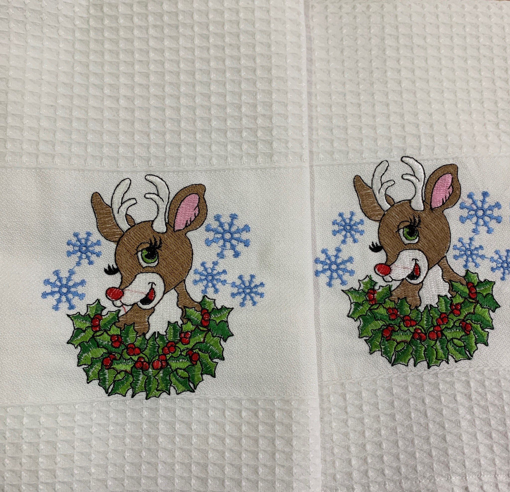 Panos Bordados de Favo e Turco de Natal Rena