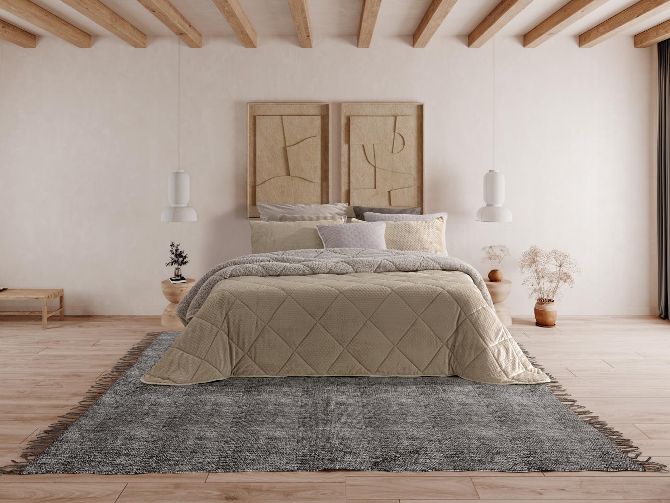 O "Edredom Jarju Interior com Sherpa" é uma escolha luxuosa para noites aconchegantes no outono e inverno. Com uma parte superior de veludo e interior de sherpa, é sinônimo de calor e conforto. Disponível em várias medidas e fabricado em Portugal para garantir qualidade. Transforme seu quarto em um refúgio aconchegante.