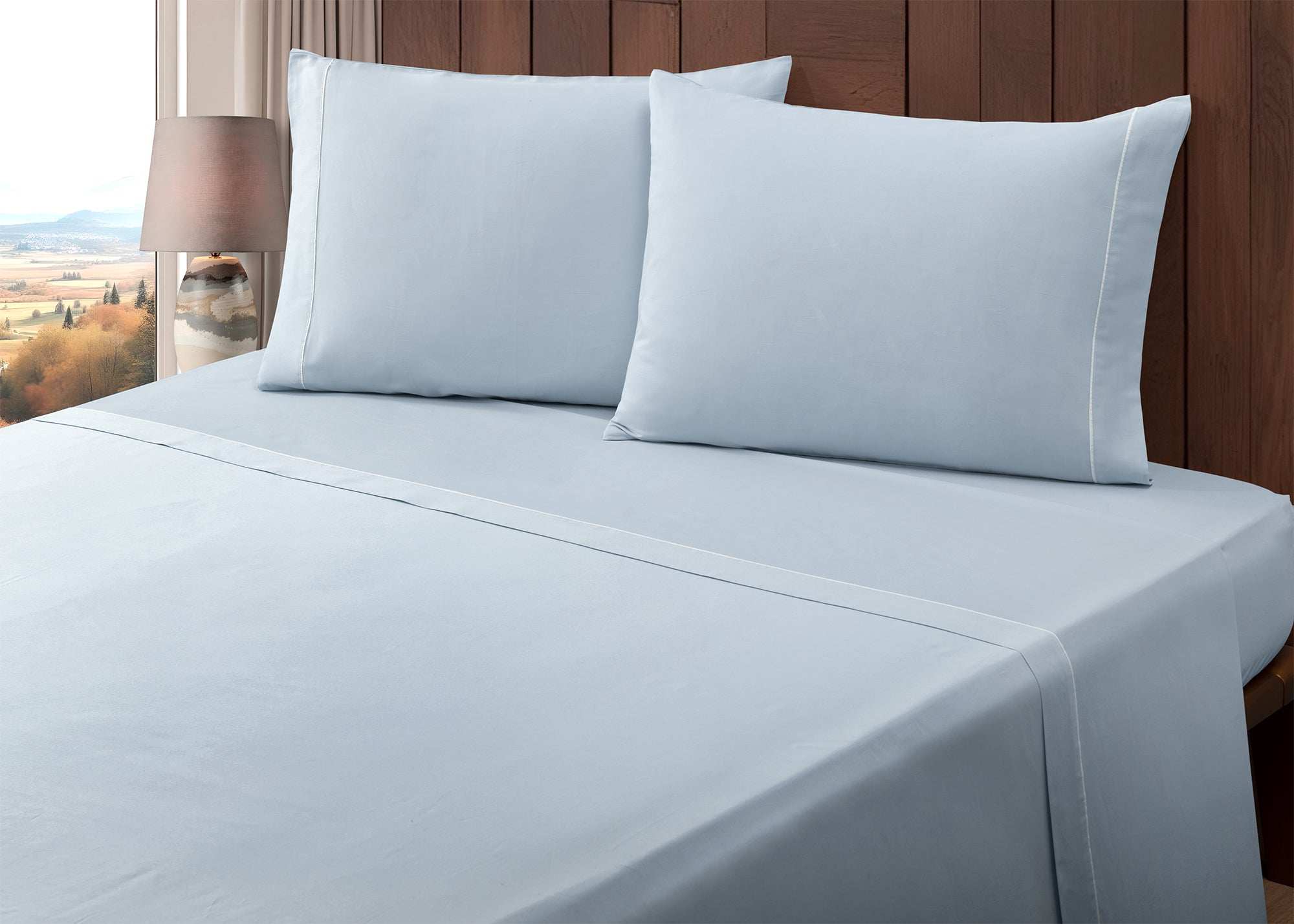 Jogo de Lençóis de Cama Algodão Percal 400 Fios Azul Névoa