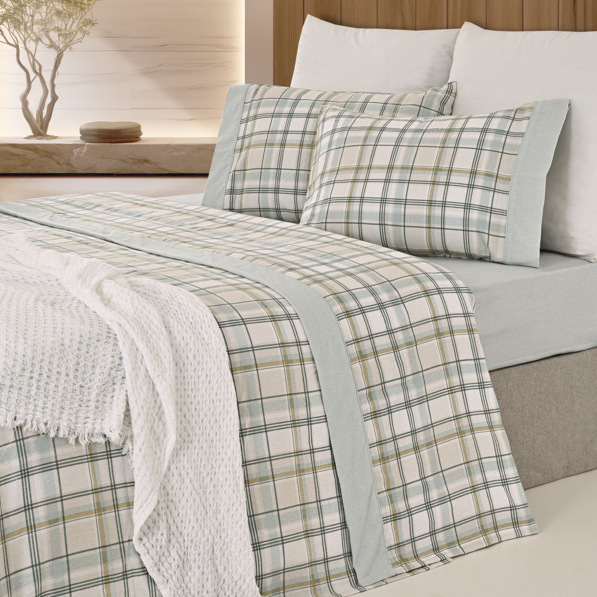 Jogo de Lençóis de Flanela Xadrez Verde