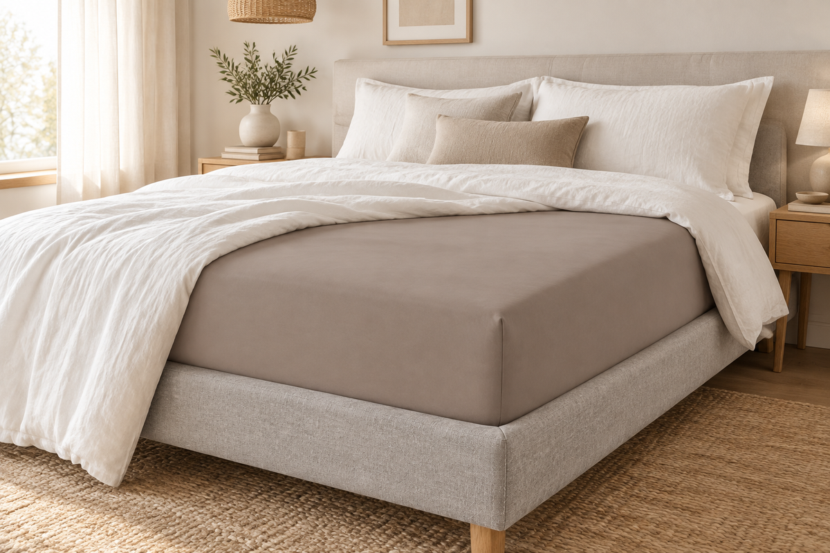 Cama com lençol taupe, imagem horizontal