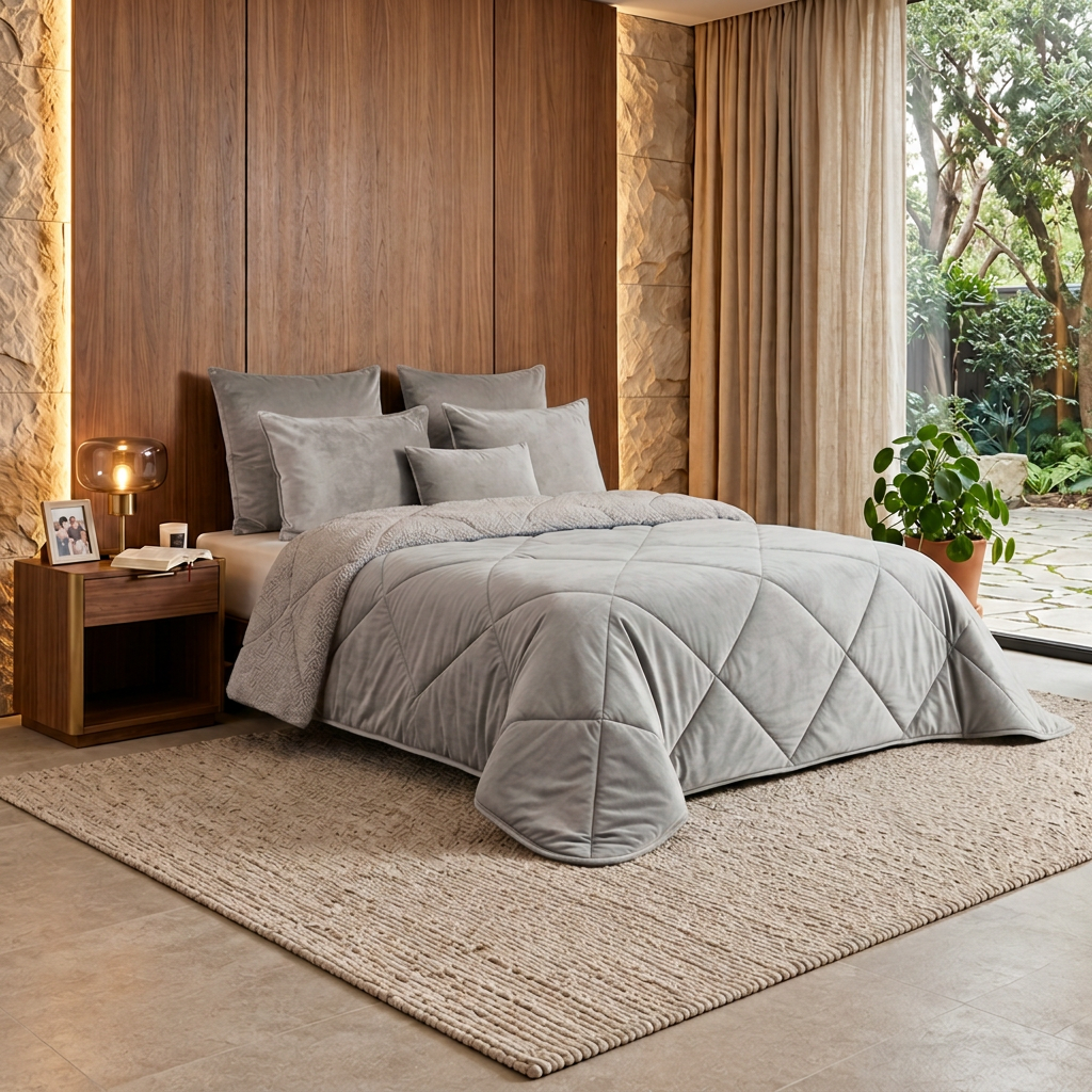 Cama e almofadas em cinza