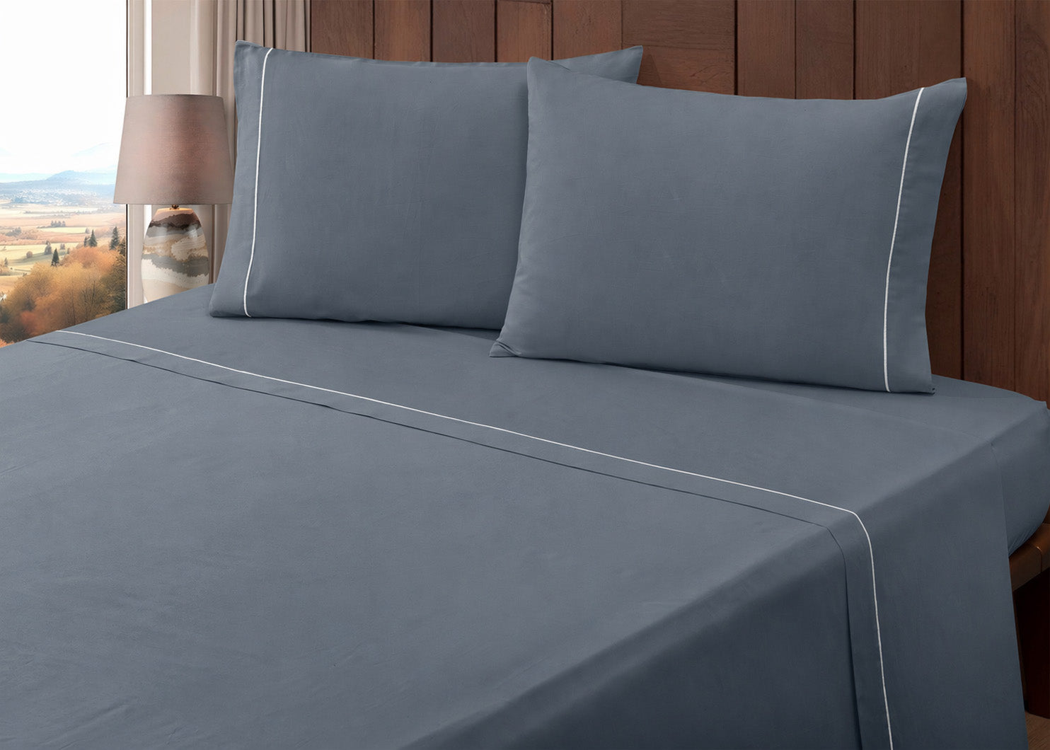 Jogo de Lençóis de Cama Algodão Cetim - 400 Fios Azul Ardósia