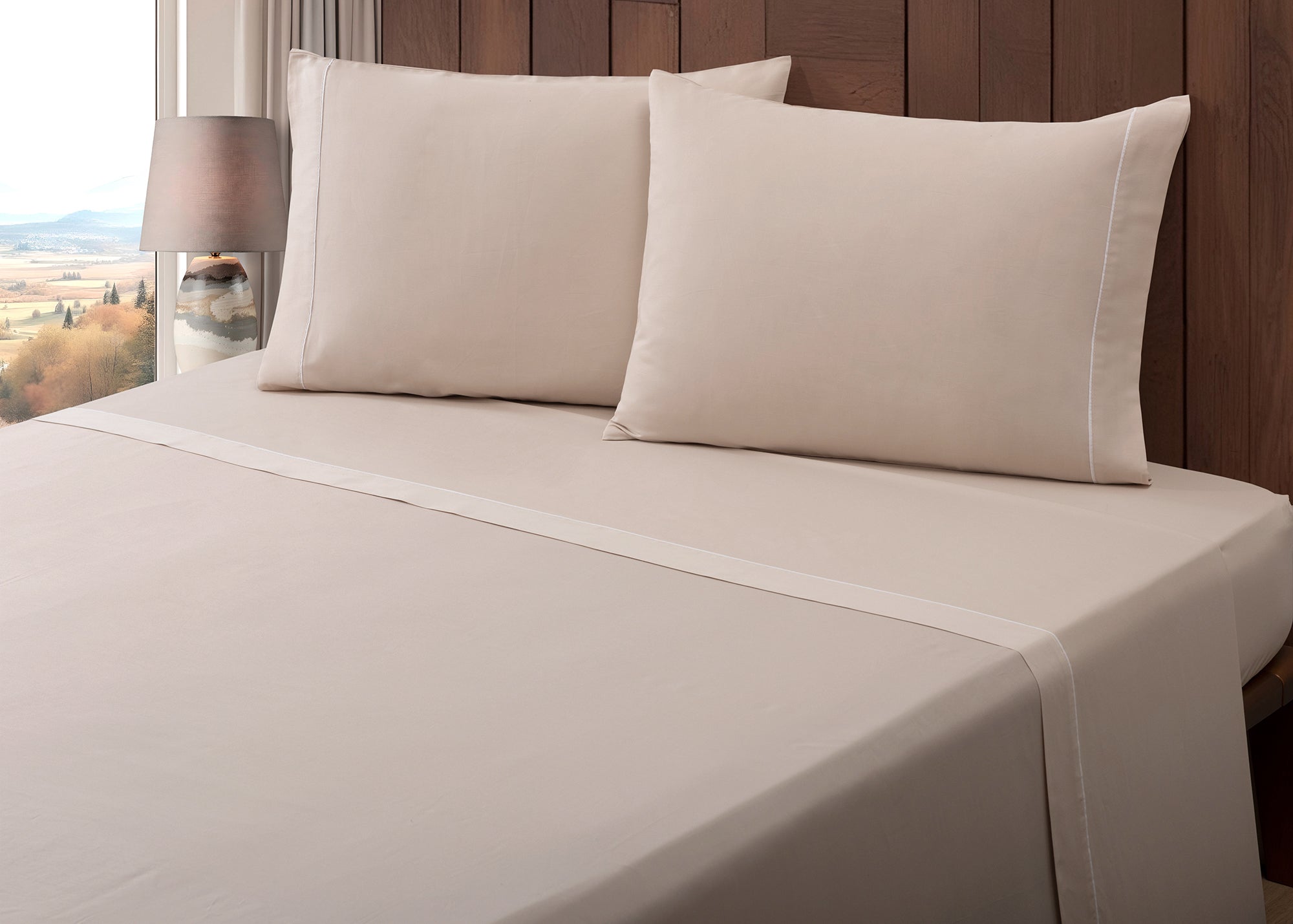 Jogo de lençóis de algodão percal 400 fios taupe — luxo e conforto — Larbonito