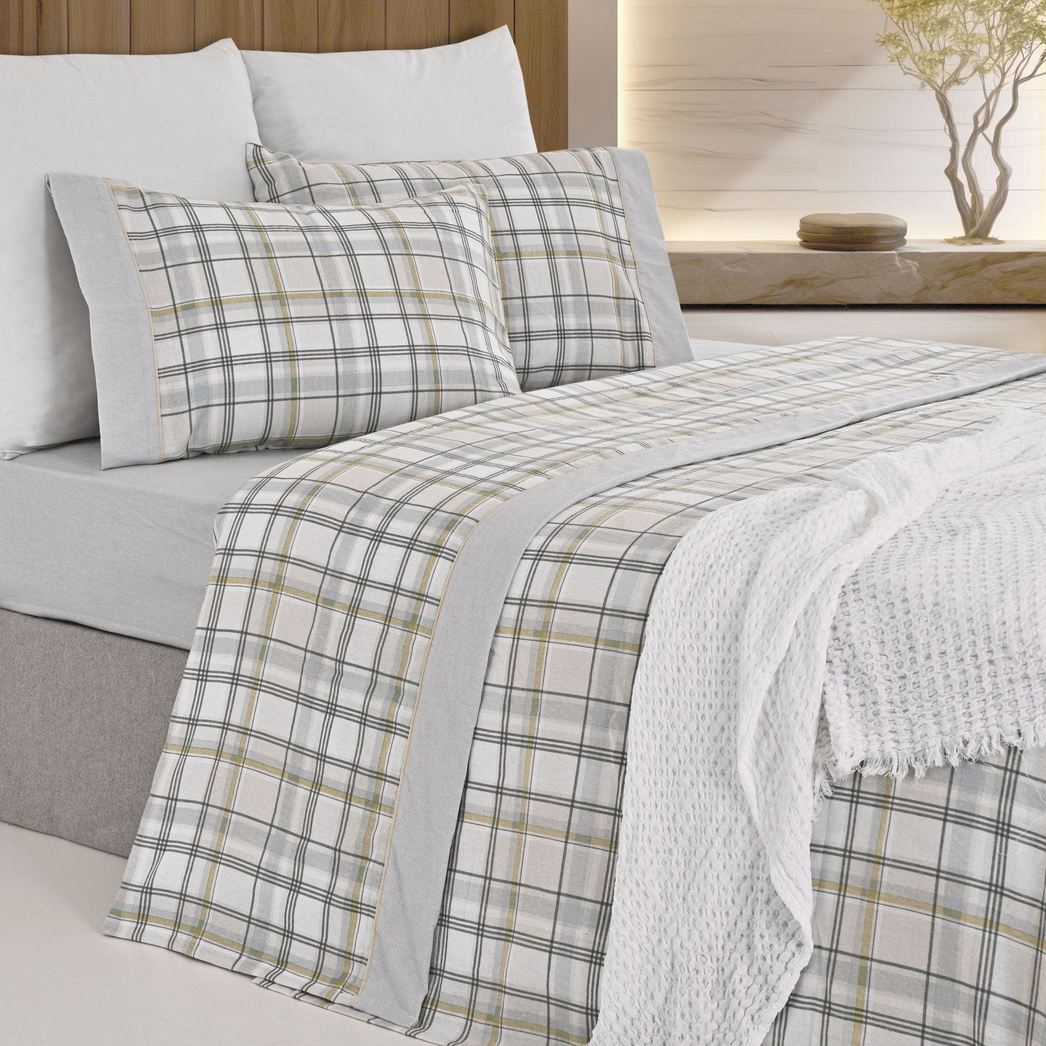 Jogo de Lençóis de Flanela Xadrez Cinza