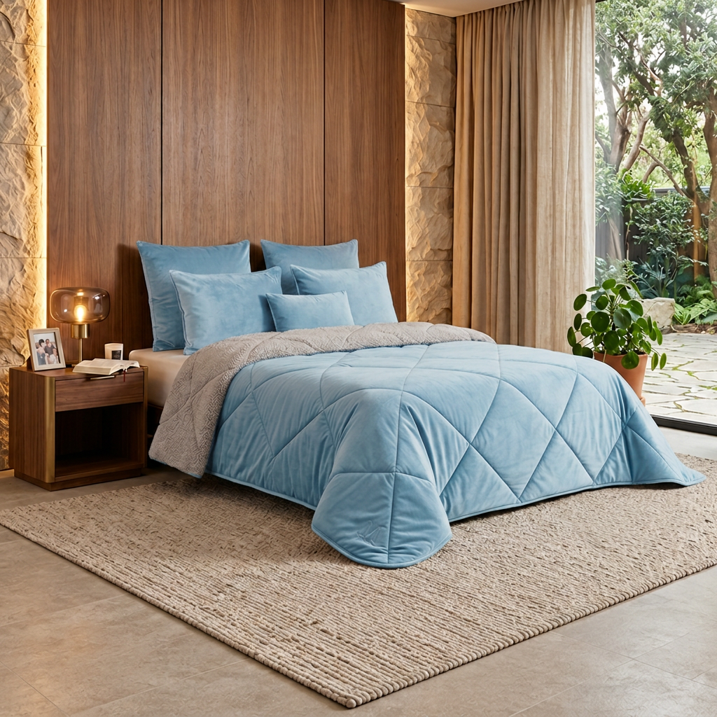 Cama e almofadas em azul claro