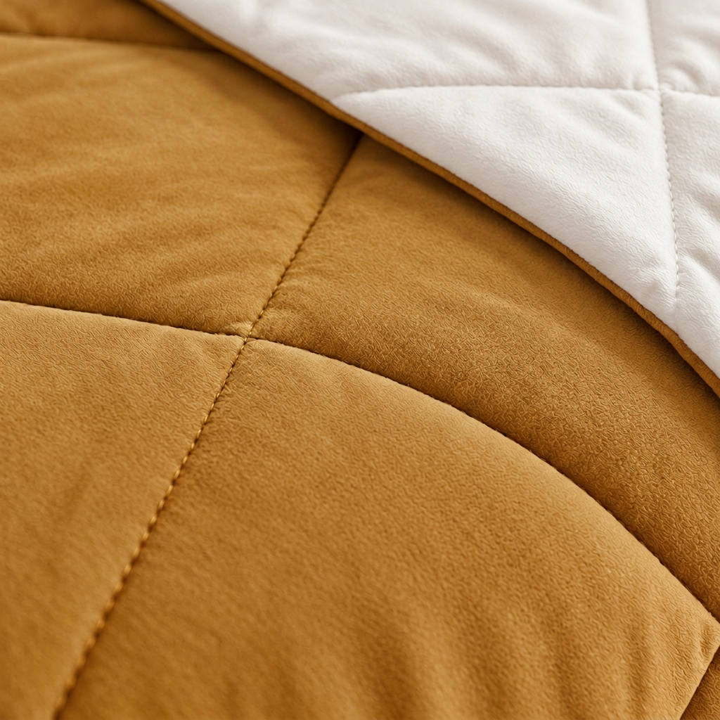 Detalhe do edredão amarelo com reverso branco