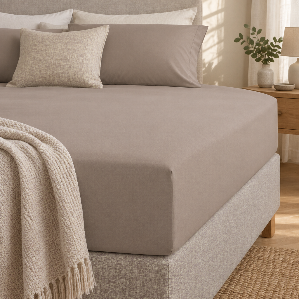 Lençol taupe numa cama, imagem quadrada