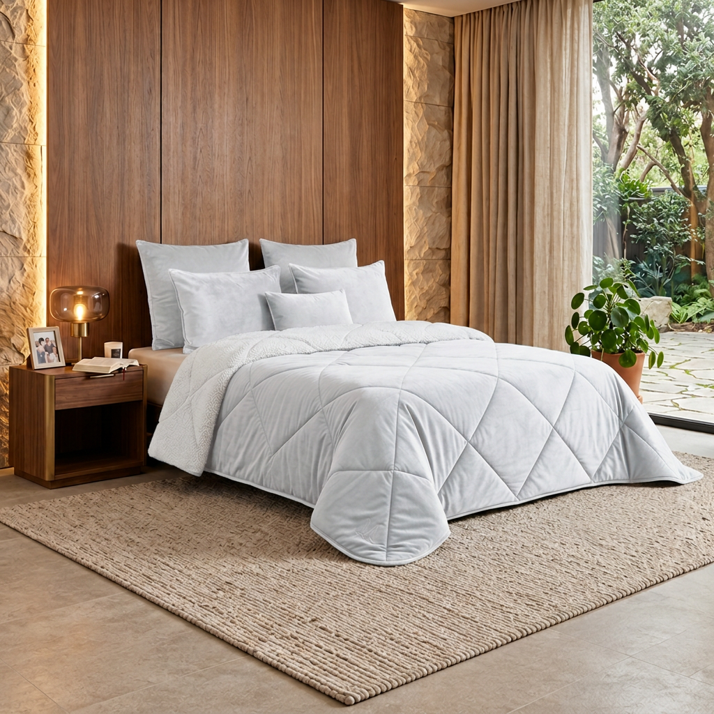 Quarto com edredão no branco da referência